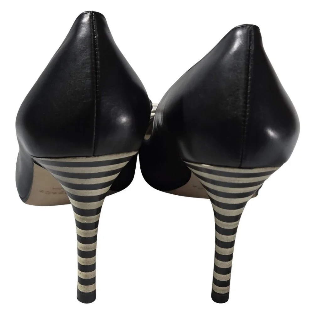 Kate Spade New York Leather Cap-Toe Striped Heel Pumps Black Cream Bow Size 7B